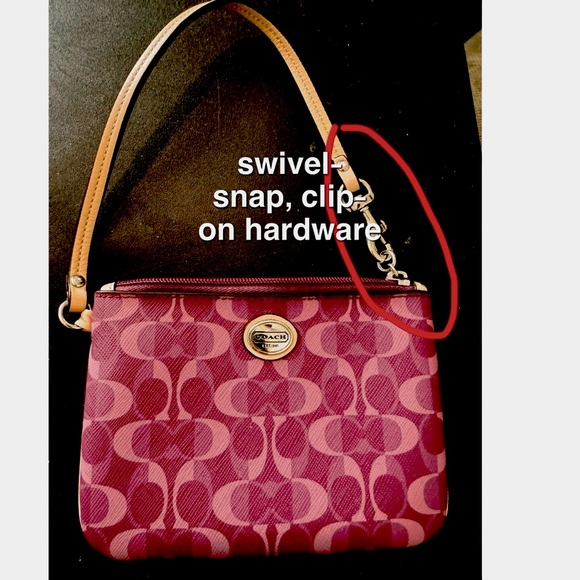 Coach Logo Wristlet Mini Bag, Maroon/Pink, Swivel-Snap Clip Card Holder Inside - Picture 2 of 12